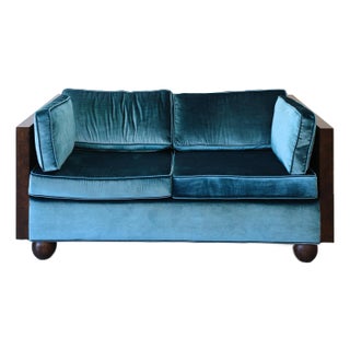 1970s Refinished Burl Wood Loveseat in Peacock Blue Velvet For Sale
