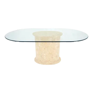 Racetrack Oval Glass Top Single Tessellated Marble Pedestal Base Dining Table