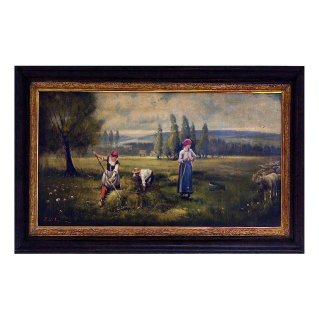 Emilio Pergola, Italian Pastoral Landscape with Figures, 1990s, Oil on Canvas For Sale