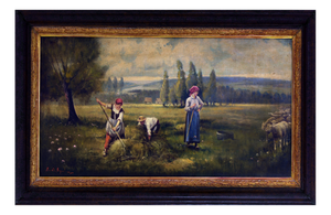 Emilio Pergola, Italian Pastoral Landscape with Figures, 1990s, Oil on Canvas