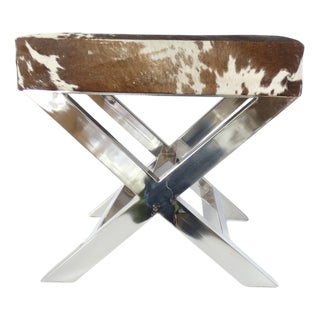 Vintage French Cowhide & Stainless Steel Footstool attributed to 23homedesign For Sale