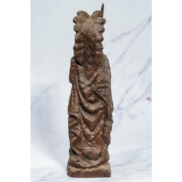 Brown Solid Wood Carved Antique Native American Indian Chief Statue Sculpture Western Home Decor For Sale - Image 8 of 12