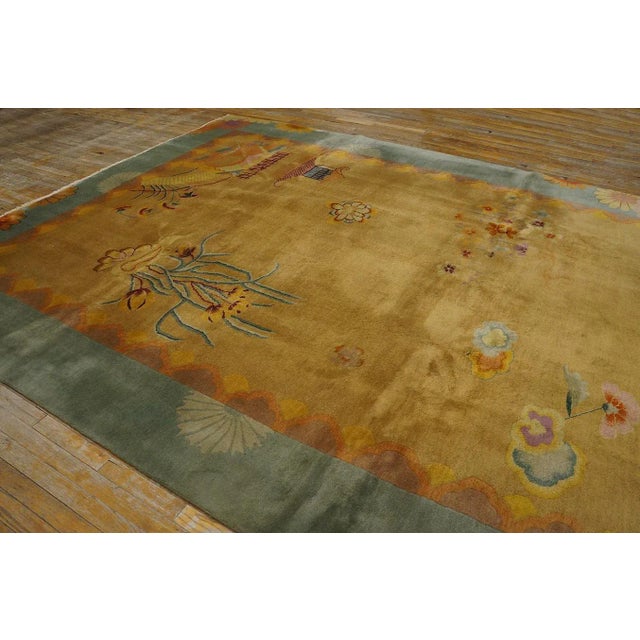 1920s 1920s Yellow Saffron Scene Modern Antique Chinese Art Deco Carpet by Nichols Atelier 8'10"x11'3" Knotted Wool Rug For Sale - Image 5 of 12