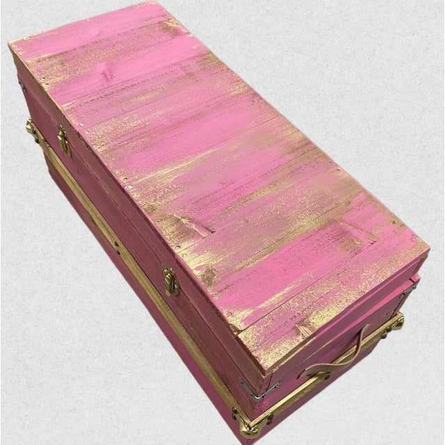 Handcrafted Steamer Trunk in Golden Pink For Sale - Image 4 of 5