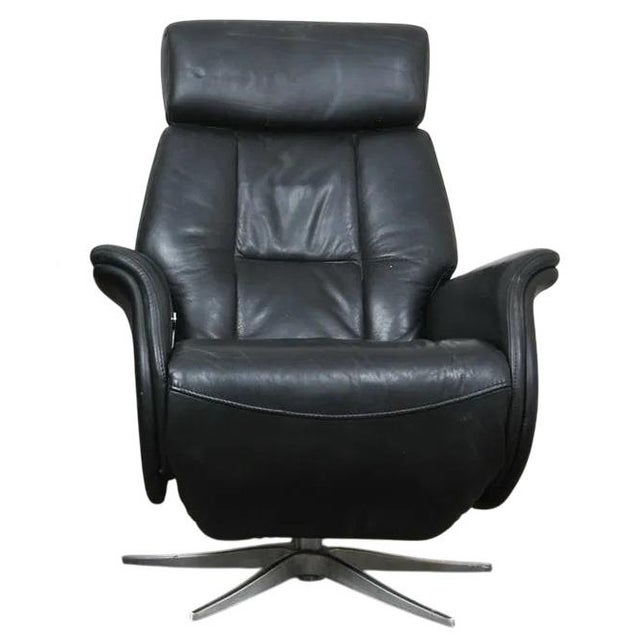 Black Danish Modern Leather Swivel Lounge Chair Recliner For Sale - Image 8 of 13