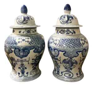 Mid-Century Chinese Export Blue and White Ceramic Pottery Ginger Jars - Pair