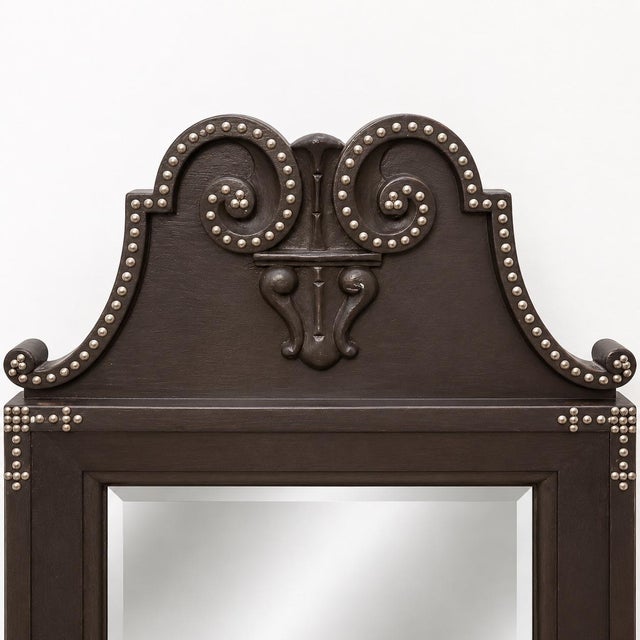 This is a 1990s Polo Ralph Lauren English hunt and hound style baroque mirror with silver nailheads. It is a nice large...