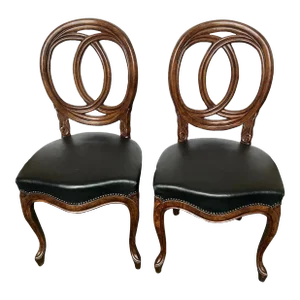 1990s Pair of Italian Wood and Leather Seat Side Chairs