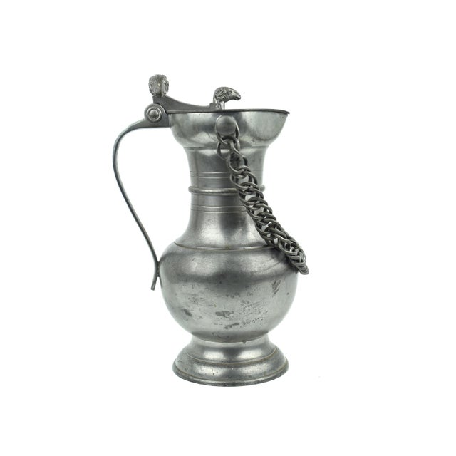Mid 20th Century Swiss Made Heavy Pewter Lidded Pitcher Flagon With Chain Handle and Ram Heads Finials For Sale - Image 6 of 11