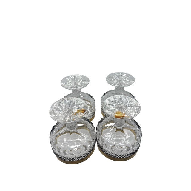 Mid-Century Modern Vintage Annahutte Bleikristall Cut Crystal Champagne Coupes With Brass Collars - Set of 4 For Sale - Image 3 of 6