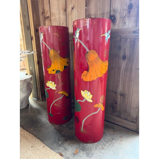 Vintage Painted Red Chinoiserie Pedestals , a Pair For Sale - Image 4 of 8