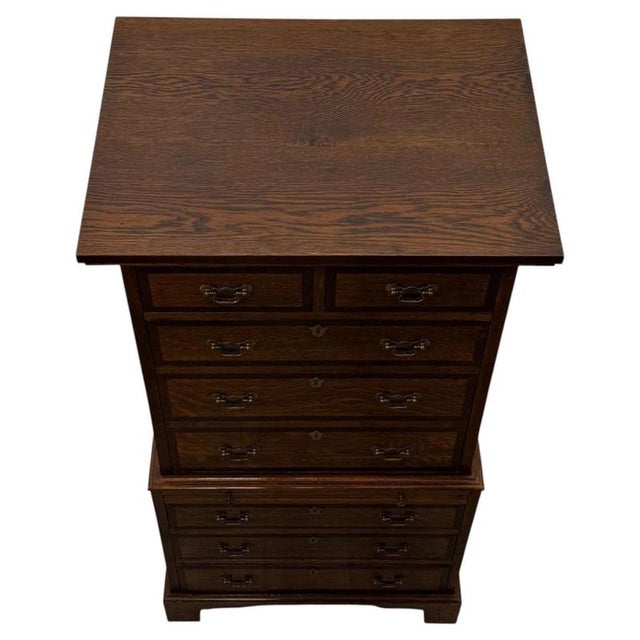 Antique English Oak Chest-on-Chest Tallboy with Brass Handles For Sale - Image 6 of 14