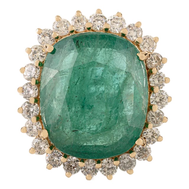 9.17 Ct Zambian Emerald Art Deco Cocktail Ring With Halo Diamonds in 14k Solid Gold Size 5.5 For Sale