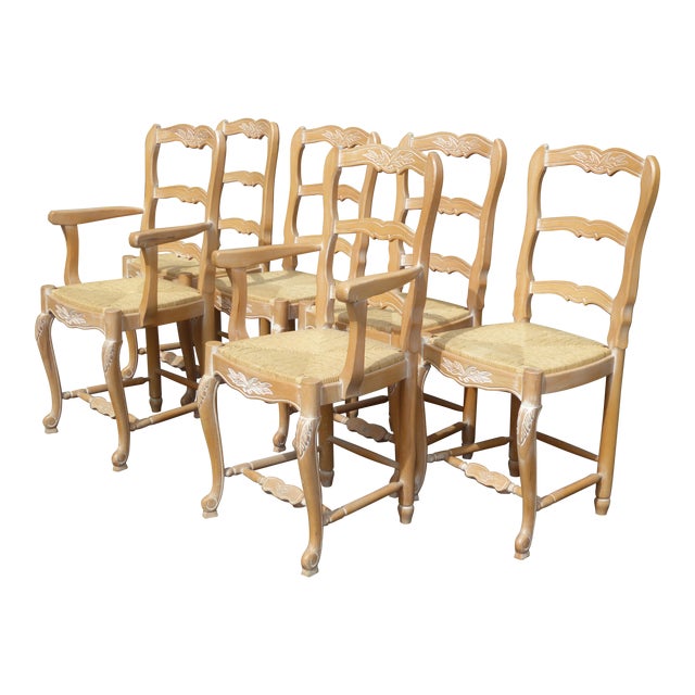 French Country White Wash Carved Wood Rush Dining Chairs Set of 6 Made in Italy Chairish
