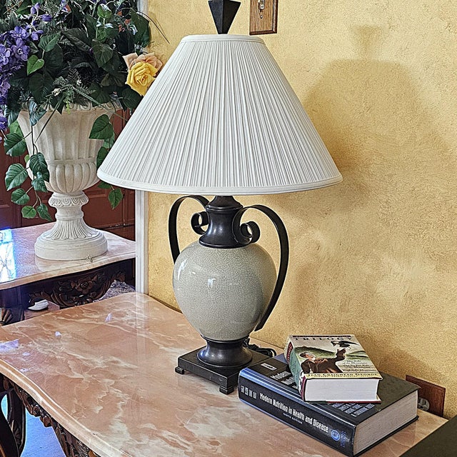 Ashley Gavivi Style Crackle-Glaze Ceramic Urn & Bronze Scroll Table Lamp For Sale - Image 17 of 18