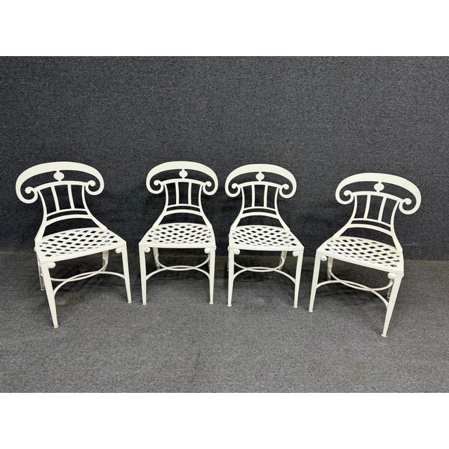 Set of Four White Powder-Coated Lattice Outdoor Chairs For Sale - Image 11 of 17