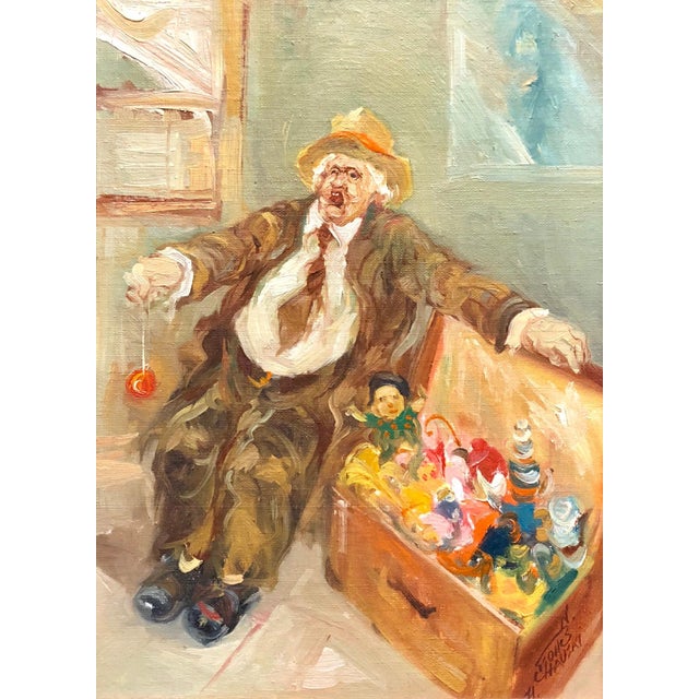 Moshe Chauski, Israeli Oil Painting Modernist Impressionist Candy Man Toy Chest, 1971 For Sale