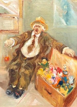 Moshe Chauski, Israeli Oil Painting Modernist Impressionist Candy Man Toy Chest, 1971