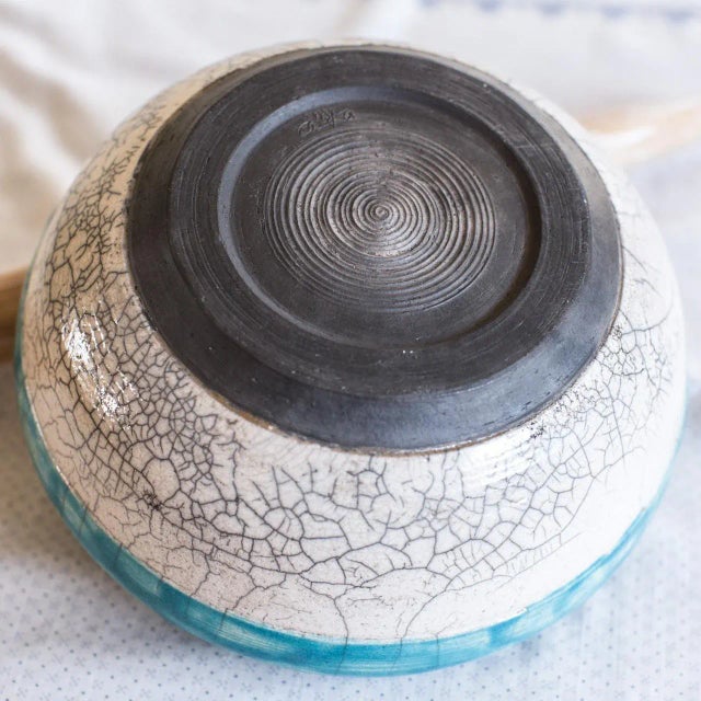 80s Vintage California Studio Raku Pottery Bowl, With Turquoise & White Crackle Glaze For Sale - Image 9 of 12