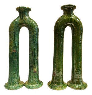19th Century Morocco Green Ceramic Candleholders from Tamegroute, Set of 2