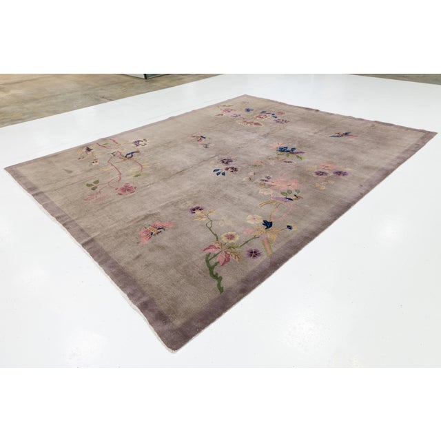 1920s Antique Chinese Art Deco Rug Floral & Bird Motif in Taupe & Amethyst For Sale - Image 11 of 11