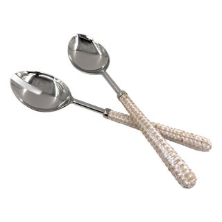 Handmade Stainless Steel & Rattan Woven Handle Salad Server Set, Handcrafted in India - 2 pcs For Sale
