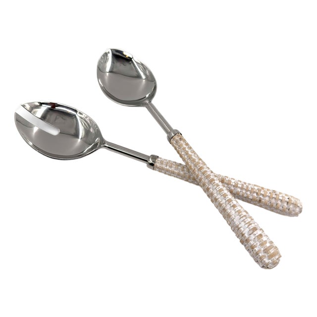 Handmade Stainless Steel & Rattan Woven Handle Salad Server Set, Handcrafted in India - 2 pcs For Sale