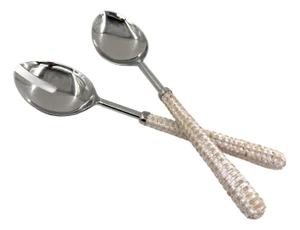 Handmade Stainless Steel & Rattan Woven Handle Salad Server Set, Handcrafted in India - 2 pcs