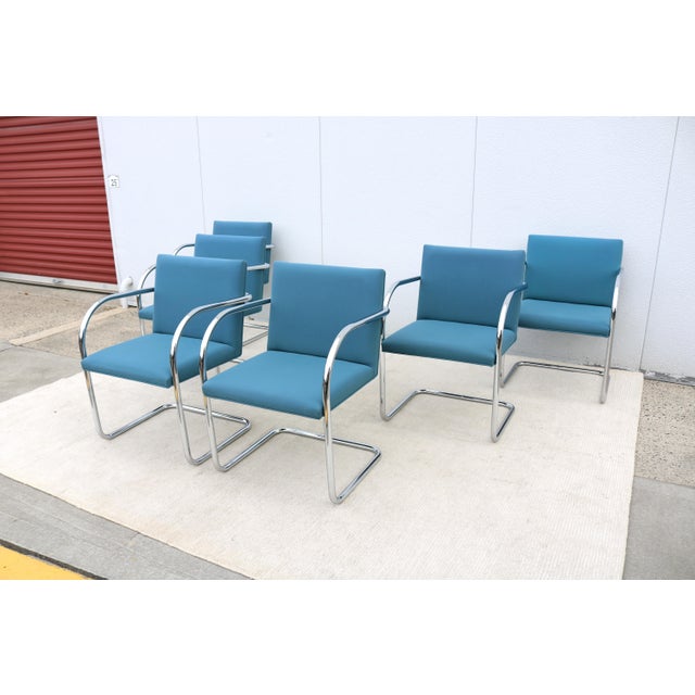Mid-Century Modern MCM Ludwig Mies Van Der Rohe Brno Tubular Chairs Blue Fabric by Gordon, Set of 6 For Sale - Image 3 of 18