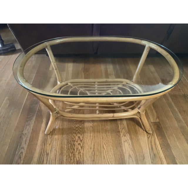 Wood Vintage Mid Century Bamboo Rattan Oval Coffee Table For Sale - Image 7 of 7