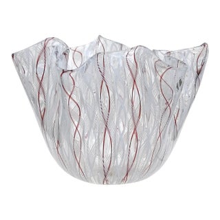 Murano Venini Bianconi Label White Purple Zanfirico Italian Art Glass Vintage Midcentury Fazzoletto Vase For Sale