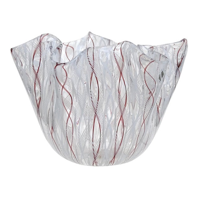 Venini Bianconi Murano Label Vintage White Purple Zanfirico Italian Art Glass Midcentury Fazzoletto Vase For Sale