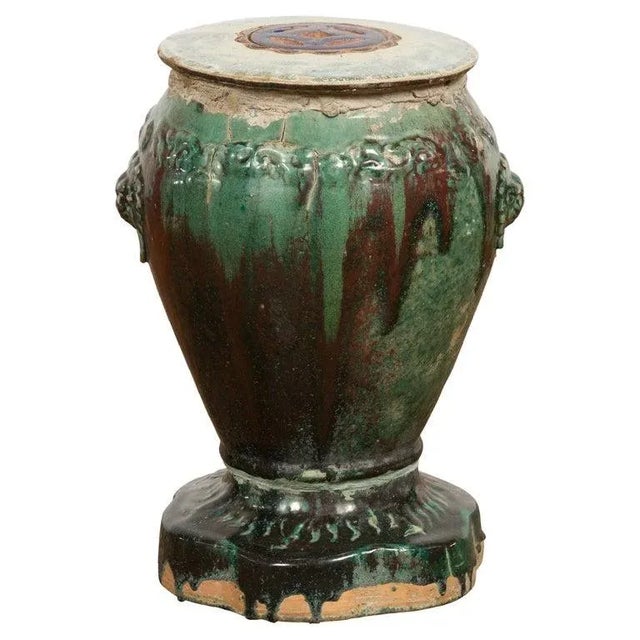 Antique Annamese Green & Brown Glazed Ceramic Garden Seat on Shaped Base For Sale - Image 13 of 13