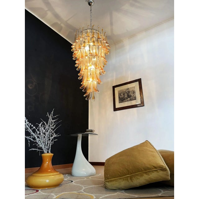 Transparent Italian Murano Glass Spiral Chandelier, 83 Amber and Crystal Petals For Sale - Image 8 of 10
