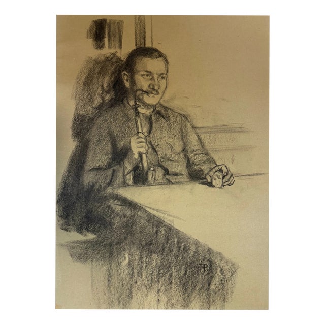 Heinrich Pforr, Pipe Smoker Man at the Table, 1920s, Pencil For Sale