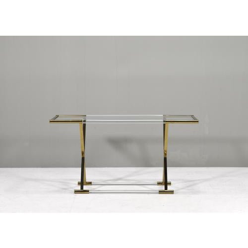 Metal Hollywood Regency Acrylic Glass and Brass Console Table by Charles Hollis Jones, 1980s For Sale - Image 7 of 15