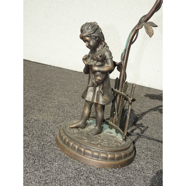 Vintage French Country Cast Bronze Figural Table Lamp W a Child and Kitten For Sale - Image 11 of 14