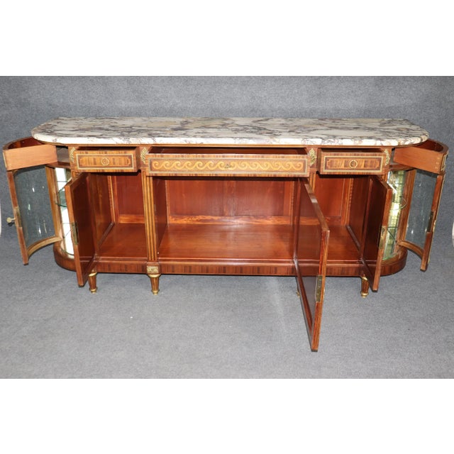 French Monumental Satinwood Inlaid Kingwood Marble Top Sideboard Signed Maison Krieger For Sale - Image 3 of 12