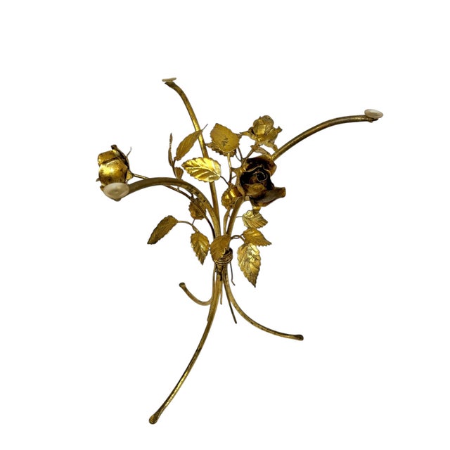 Vintage Italian Hollywood Regency Gold Tole Rose Cocktail Table With Beveled Glass Top For Sale - Image 13 of 16