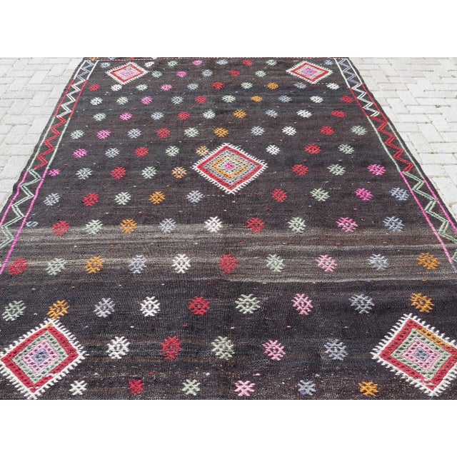 Mid-Century Modern Mid 20th Century 60s Black Handwoven Turkish Tribal Kilim Wool Area Rug For Sale - Image 3 of 11