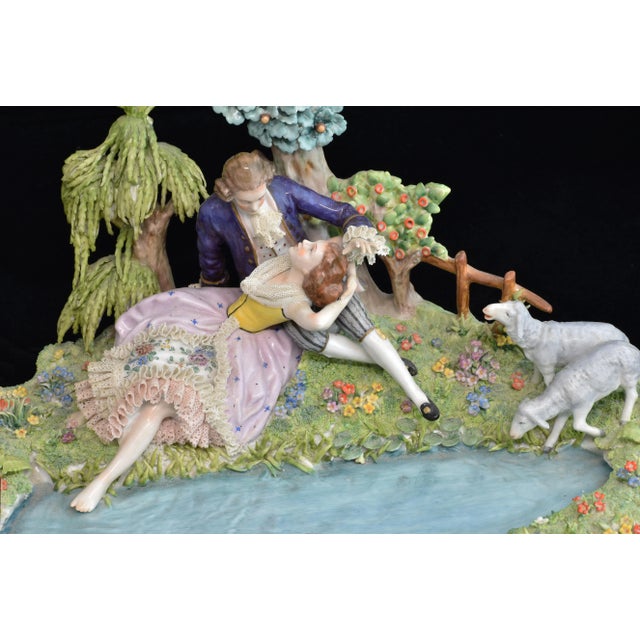 1970s Sitzendorf Porcelain Group Two Young Lovers in Garden Floral Lined Pool and Attending Lambs, Sitzendorf Crown Mark For Sale - Image 10 of 13