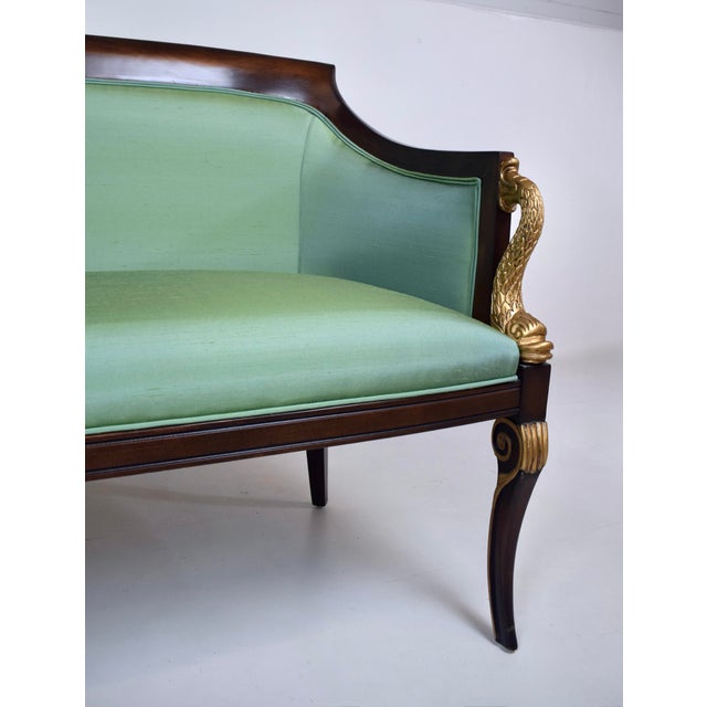 French Empire Style Curved Walnut Settee With Dolphin Arms, New Green Silk For Sale In Philadelphia - Image 6 of 13