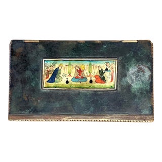 Antique Persian Painted Brass Jewelry Box With Miniature Scene, C. 1900 For Sale