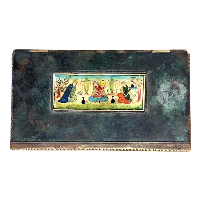 Antique Persian Painted Brass Jewelry Box With Miniature Scene, C. 1900 For Sale