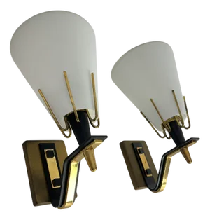 Wall Lamps in Brass and Opal Glass, Set of 2
