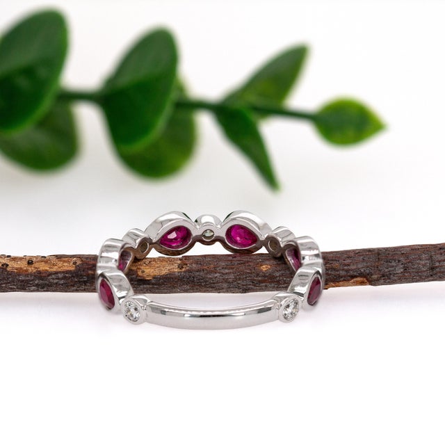 2020s Ruby Band With Natural Diamond Accents in Solid 14k Gold | Six Pear Shape Ruby, Size 6.75 For Sale - Image 5 of 6