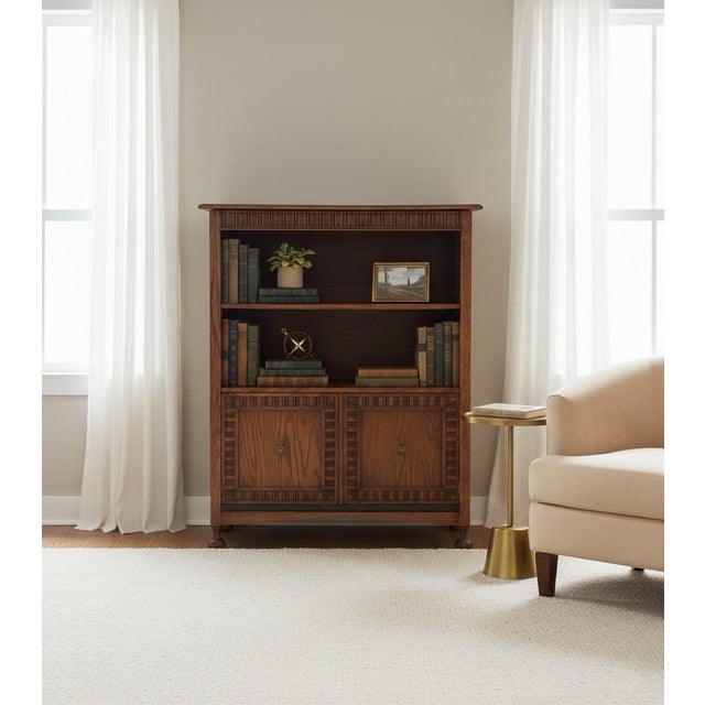 Burnt Umber Vintage English Jacobean Revival Oak Bookcase With Reeded Cabinet Doors For Sale - Image 8 of 8