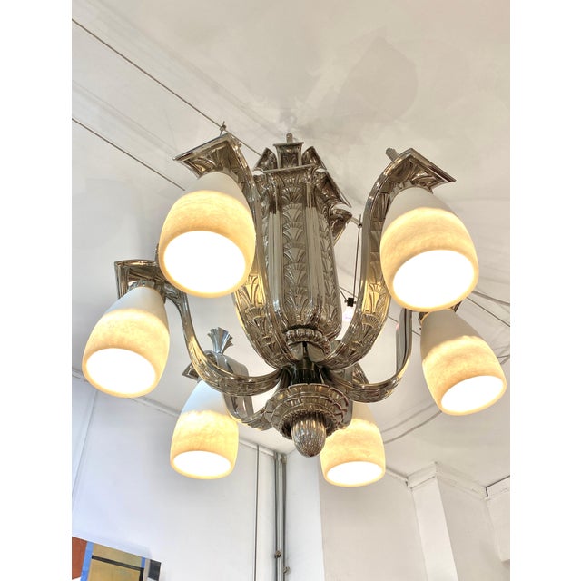 Art Deco Silvered Bronze and Alabaster Chandelier, 1920s, in Very Good conditions. Designed 1920 to 1949 European Plug (up...