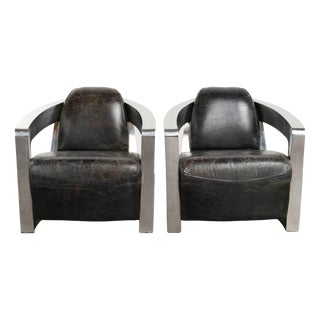Industrial Black Cowhide Aviator Design Armchairs with Aluminium and Rivets, Set of 2 For Sale