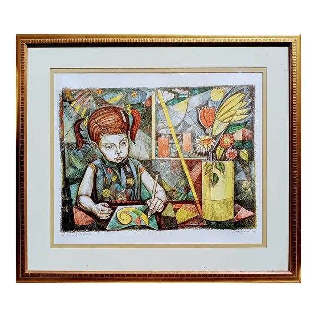 Vintage Irving Amen Modern Portrait Colored Linotype "Young Artist" For Sale